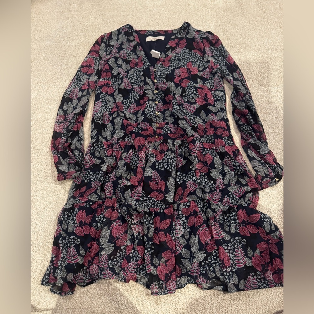 LOFT Floral Tiered Mini Dress Medium NWT Navy Boho Cottagecore